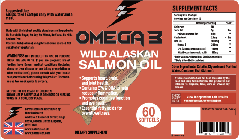 Wild Alaskan Salmon Oil 1000mg – Omega-3 Fish Oil with EPA & DHA | 60 Softgels | NutriFusion